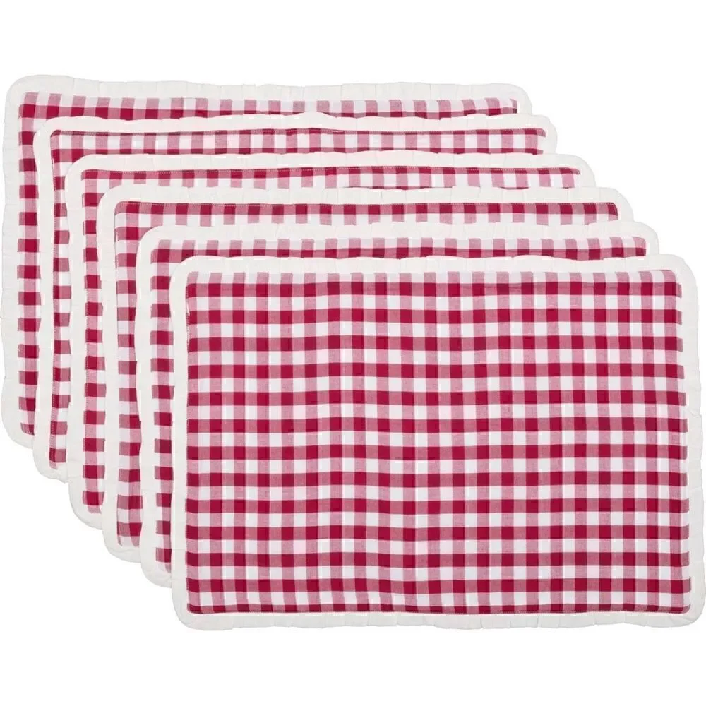 NEW! Farmhouse Red Buffalo Plaid Set of SIX Cotton Placemats Ruffled